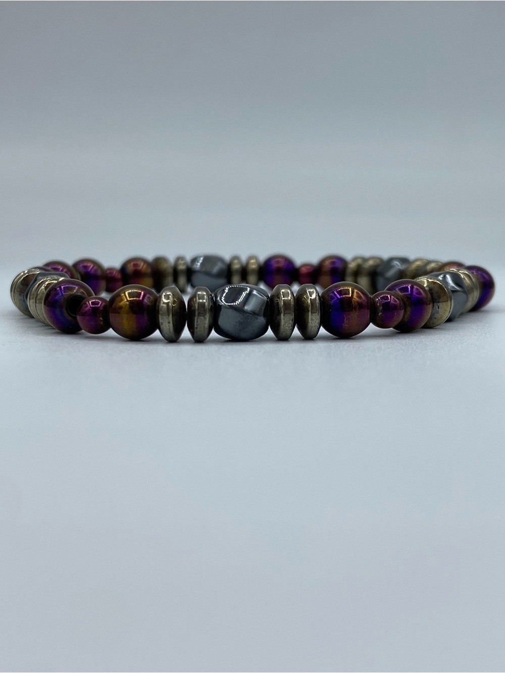 Hematite and Iridescent Purple Beaded Stretch Bracelet